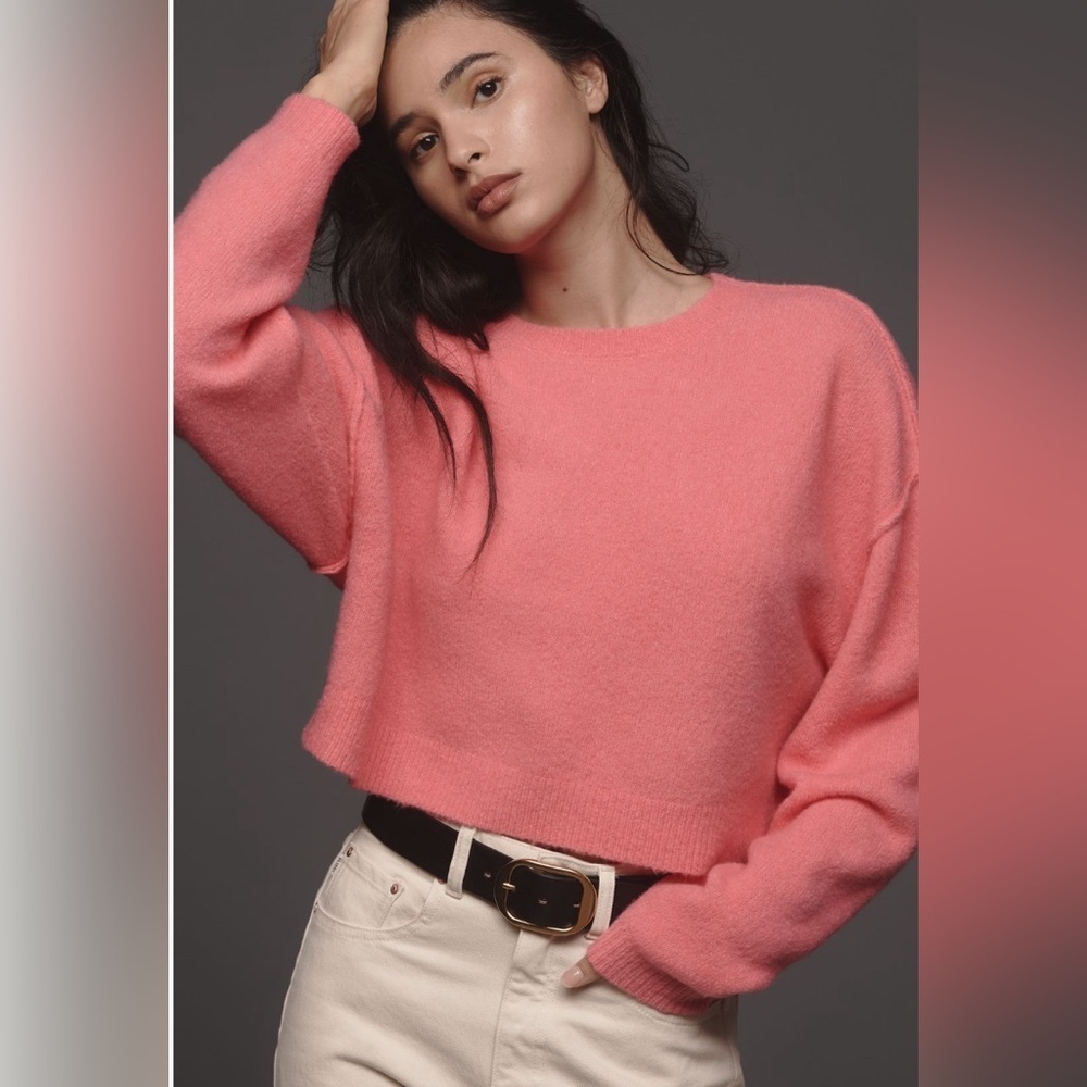 NWT! Anthropologie Taupe Pilcro Cropped Crew-Neck Oversized Sweater 💚 - Picture 4 of 6